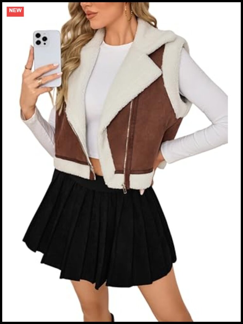 Faux Suede Sherpa Fleece Vest Women Cropped Sleeveless Zip-Up Moto
